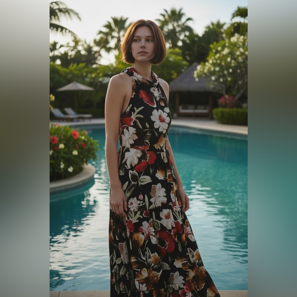 Tiered Maxi Multicolor Floral W/ Back Ribbon Tie Neck Closure (Size 8)